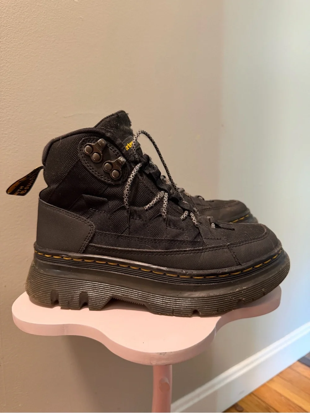 Dr. Martens Black Platform Lug Boots with Yellow Stitching